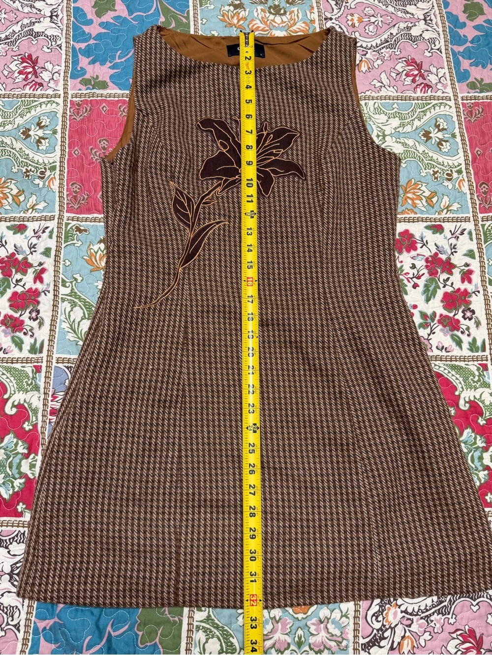 Weighted Mini Dress Cider Brown Houndstooth Floral Sleeveless Shift Sz L - Picture 5 of 6